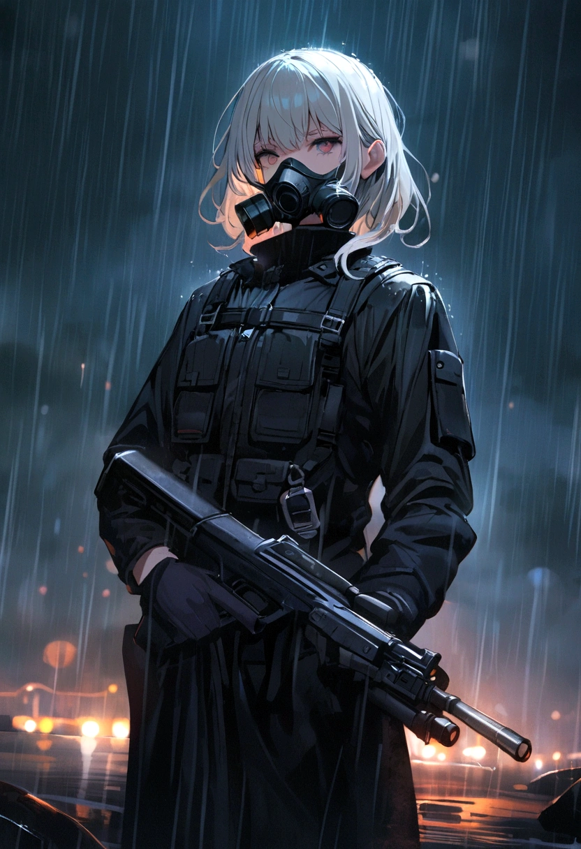Nan with white hair, dressed in black, wearing a gas mask, holding a gun, standing in the rain