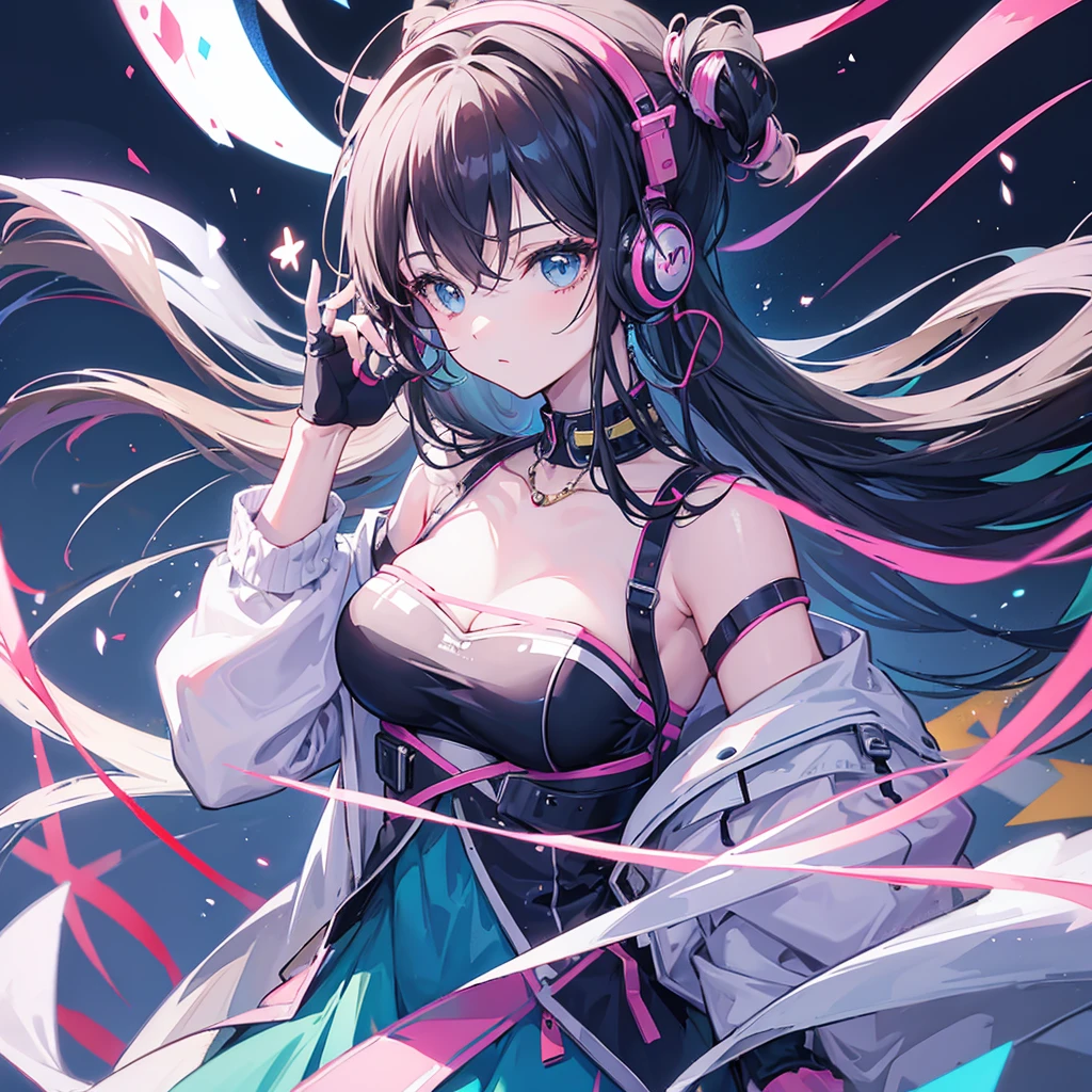 "A woman listening to music with earphones, anime-style, illustrative"
