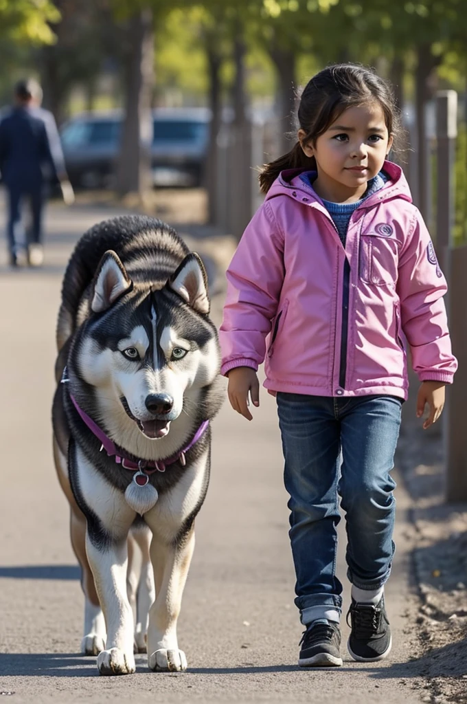 Quiero un cielo, that there is a lady and walking towards her that it is a child and to the side of the a husky dog