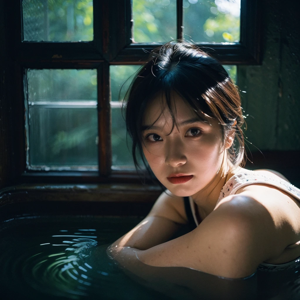 Best quality, masterpiece, ultra high res, (photorealistic:1.5), full body shot from a danish young pretty a woman wearing sundress in an old house submerged in water in the middle of the forest, dark forest atmosphere, nature, dynamic deep shadow, low key, sunlight exposure on the face, candid pose, short hair, (masterpiece:1.2), textured skin, motion blur effect, best quality, 8k, dark moody, realism, zenit analog camera shot, aesthetic art photorealistic, trending photo shot in 2024