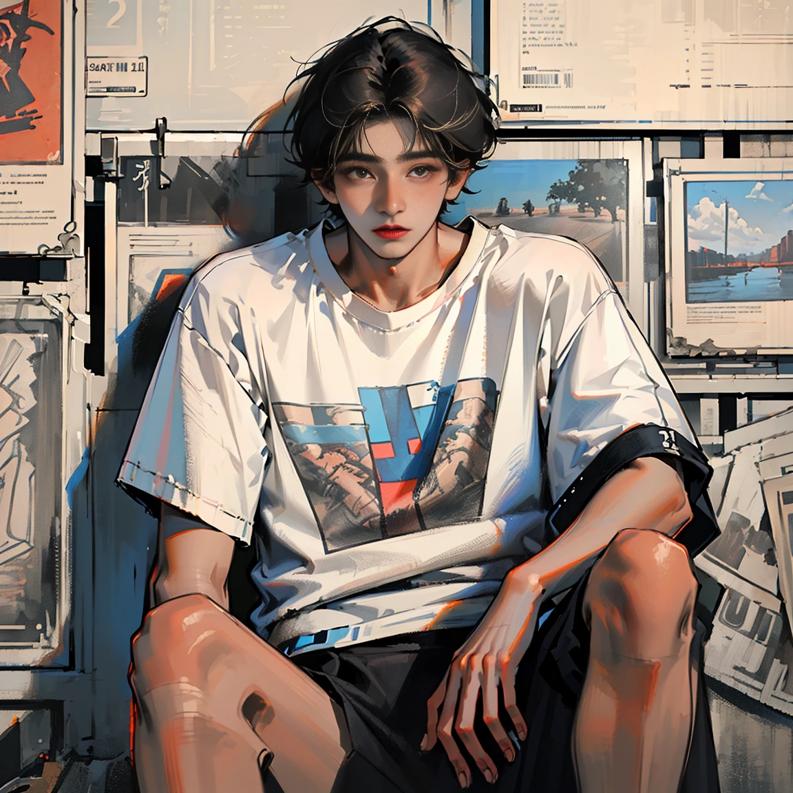 Ultra-realistic CG ,((premium、8k、32K、masterpiece)), (Ultra-thin illustration)、(Ultra-high resolution), Troubled face、(((One 21-year-old man:1.5))), (( Short Hair Bob )), Casual clothing、Torn T-shirt, (((Image from the knees up))), Short white blonde hair, Complex streetscape background、
