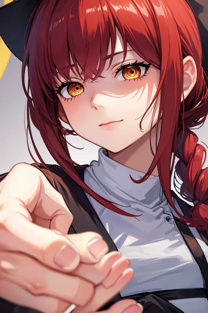 masterpiece, best quality, crossed fingers, (extremely detailed CG unity 8k wallpaper, masterpiece, best quality, ultra-detailed, best shadow), (detailed background), (beautiful detailed face, beautiful detailed eyes), High contrast,1girl, close up of a woman, anime girl with red hair and a white shirt and tie, pixiv, female anime character, detailed portrait of anime girl, anime character, realistic anime artstyle, anime girl portrait, crossed fingers, upper body