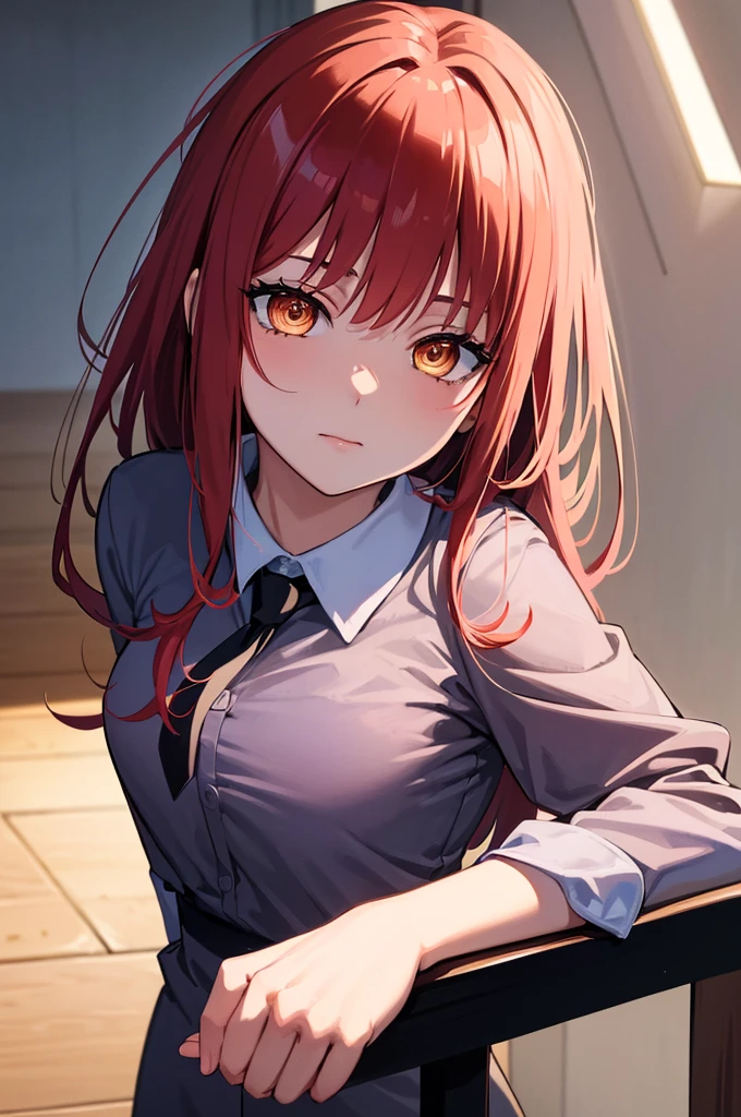 masterpiece, best quality, crossed fingers, (extremely detailed CG unity 8k wallpaper, masterpiece, best quality, ultra-detailed, best shadow), (detailed background), (beautiful detailed face, beautiful detailed eyes), High contrast,1girl, close up of a woman, anime girl with red hair and a white shirt and tie, pixiv, female anime character, detailed portrait of anime girl, anime character, realistic anime artstyle, anime girl portrait, crossed fingers, upper body, office suite, anime girl portrait