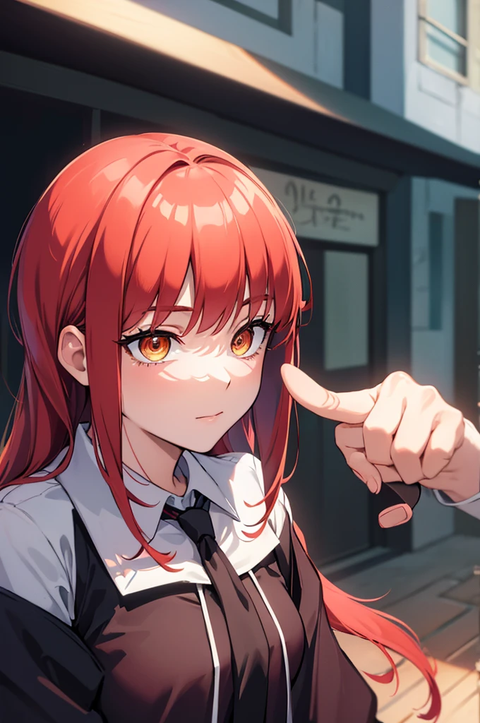 masterpiece, best quality, crossed fingers, (extremely detailed CG unity 8k wallpaper, masterpiece, best quality, ultra-detailed, best shadow), (detailed background), (beautiful detailed face, beautiful detailed eyes), High contrast,1girl, close up of a woman, anime girl with red hair and a white shirt and tie, pixiv, female anime character, detailed portrait of anime girl, anime character, realistic anime artstyle, anime girl portrait, crossed fingers, upper body
