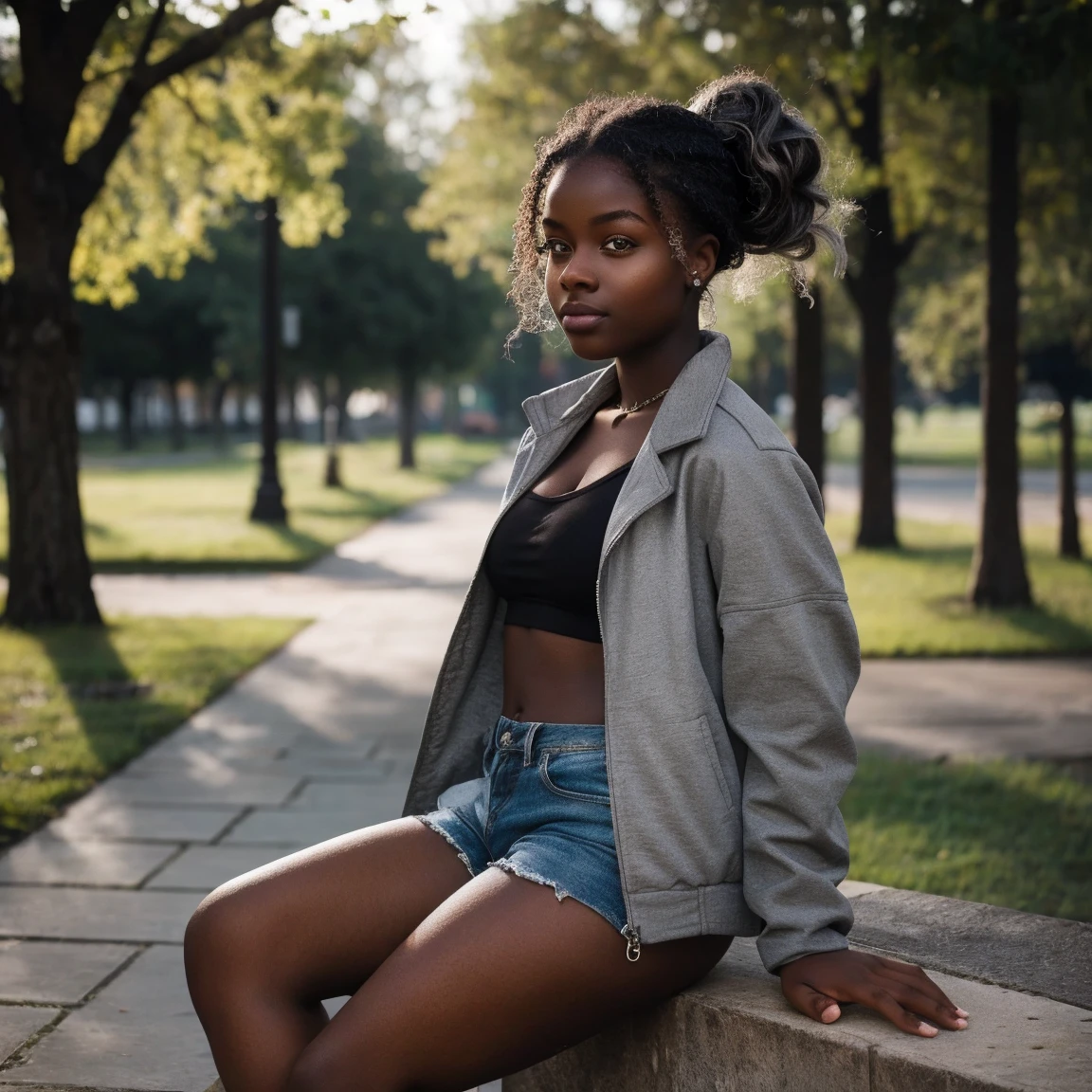 ebony girl, 18 yeards old, shorts, grey jacket, in a park, medium shot, rhast hair wrapped in ponytail, ultra detailed, 8k hd