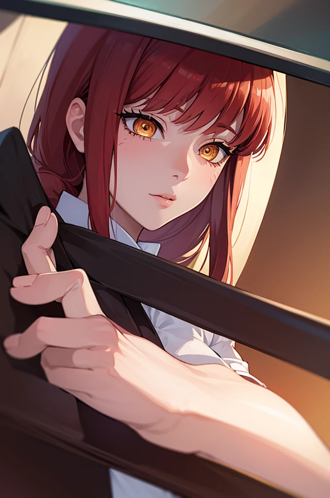 masterpiece, best quality, crossed fingers, (extremely detailed CG unity 8k wallpaper, masterpiece, best quality, ultra-detailed, best shadow), (detailed background), (beautiful detailed face, beautiful detailed eyes), High contrast,1girl, close up of a woman, anime girl with red hair and a white shirt and tie, pixiv, female anime character, detailed portrait of anime girl, anime character, realistic anime artstyle, anime girl portrait, crossed fingers, upper body