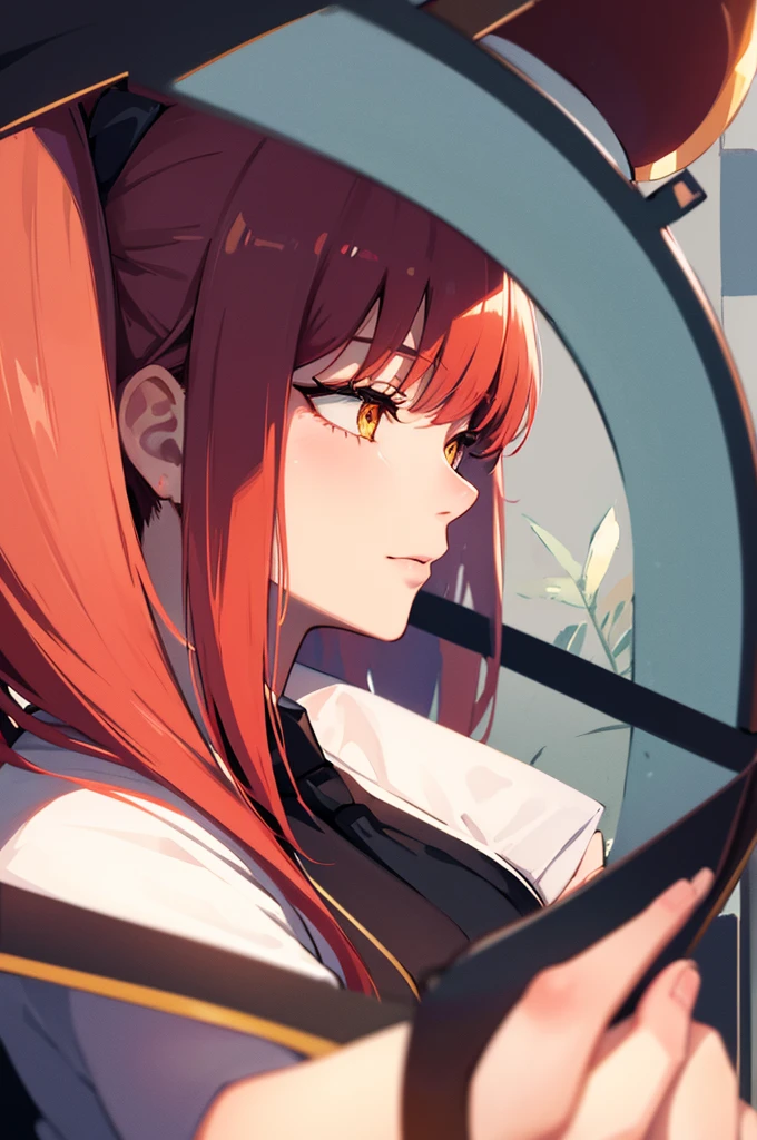 masterpiece, best quality, crossed fingers, (extremely detailed CG unity 8k wallpaper, masterpiece, best quality, ultra-detailed, best shadow), (detailed background), (beautiful detailed face, beautiful detailed eyes), High contrast,1girl, close up of a woman, anime girl with red hair and a white shirt and tie, pixiv, female anime character, detailed portrait of anime girl, anime character, realistic anime artstyle, anime girl portrait, crossed fingers, upper body
