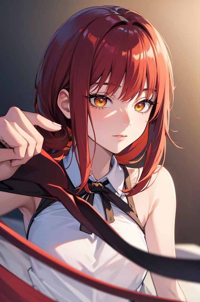 masterpiece, best quality, crossed fingers, (extremely detailed CG unity 8k wallpaper, masterpiece, best quality, ultra-detailed, best shadow), (detailed background), (beautiful detailed face, beautiful detailed eyes), High contrast,1girl, close up of a woman, anime girl with red hair and a white shirt and tie, pixiv, female anime character, detailed portrait of anime girl, anime character, realistic anime artstyle, anime girl portrait, crossed fingers, upper body