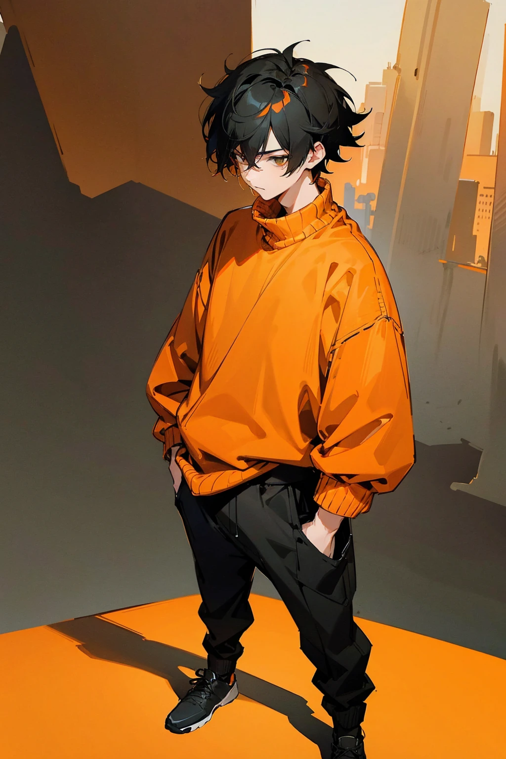 1male, black hair, orange two toned hair, messy hair, short hair, oversized orange sweater, black pants, stylized, modern clothing, city background, detailed background, standing on path, hands to side, expressionless