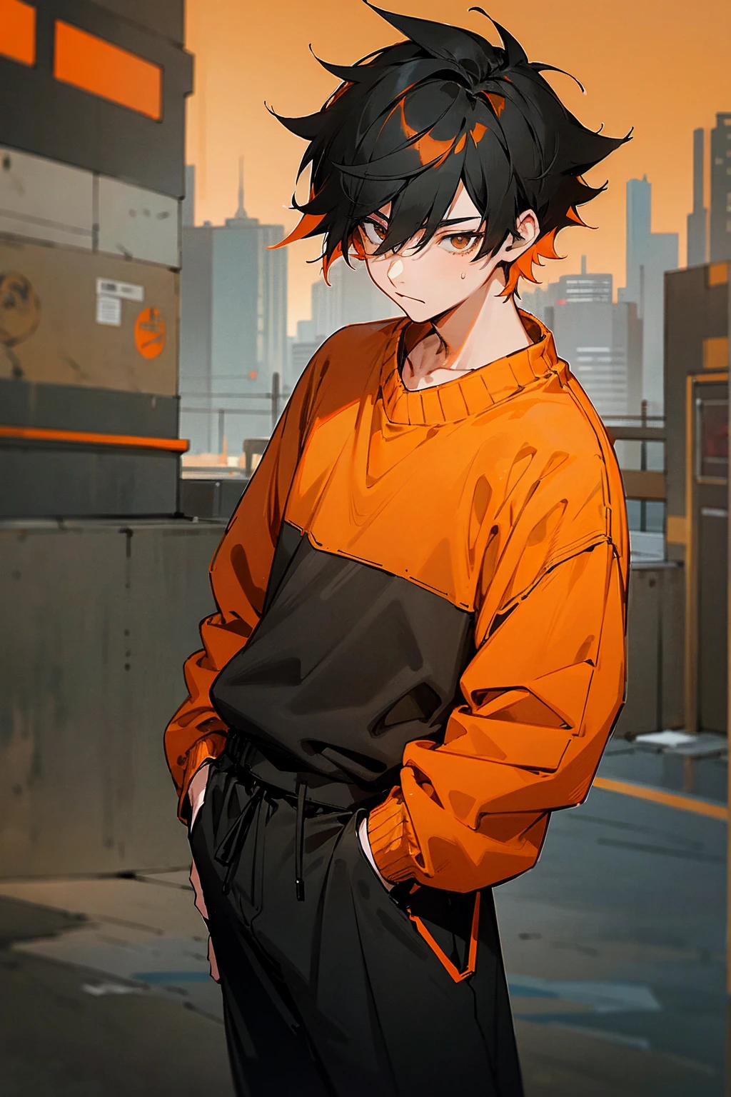 1male, black hair, orange two toned hair, messy hair, short hair, oversized orange sweater, black pants, stylized, modern clothing, city background, detailed background, standing on path, hands to side, expressionless