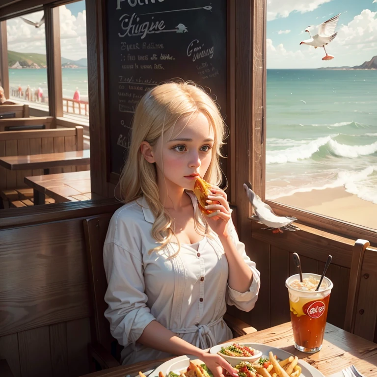 Craving the fries ((seagulls eating fries:1.1)), fast food restaurant, seaside burger shop, seagulls in the restaurant, sea gull detailed realistic oil painting, beautifully detailed, photorealistic, 8k, masterpiece, highly detailed, vibrant colors, warm lighting, cozy atmosphere, beautiful landscape, dramatic sky, realistic textures, intricate details, cinematic composition,