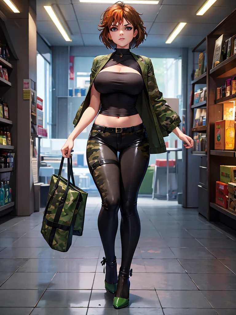 merula, full body, thighs, high heels, solo girl, medium tits, camouflage pants, top, belly