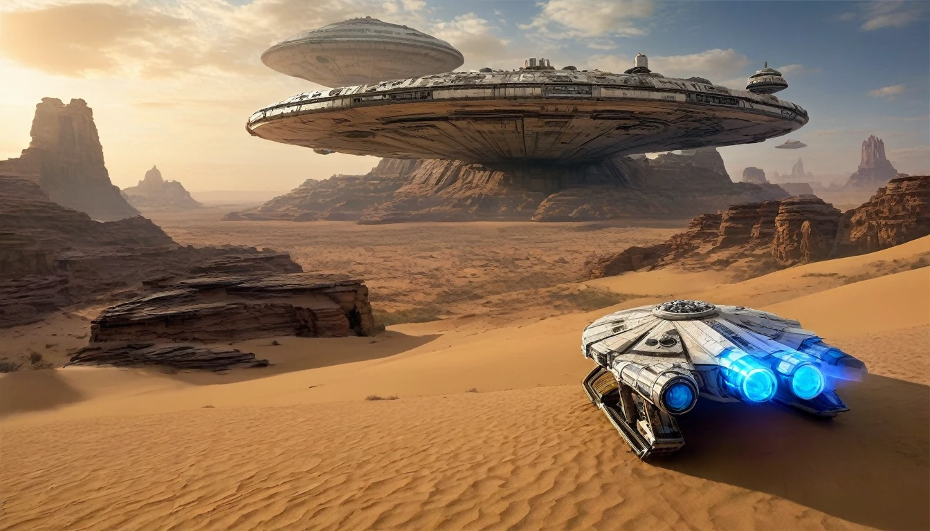 “In a desert landscape beneath a vast sky, towering rock formations rise. The iconic Star Wars Millennium Falcon flies overhead. In the foreground, a large, futuristic bus-like vehicle is parked on the sandy terrain. Saturn-like rings adorn the sky, adding a surreal touch. Include the ‘Star Wars,Camera angle: The camera is positioned at a slightly upward angle, capturing the grandeur of the rock formations and the vastness of the sky. Lighting: The sun is setting, creating warm, golden light that bathes the landscape. Shadows cast by the rocks are elongated. Millennium Falcon details: The Millennium Falcon is flying toward the horizon, with its rear thrusters emitting a characteristic blue glow. Details like laser cannons and the ship’s panels should be visible. Futuristic vehicle: The vehicle parked in the foreground has large windows and an aerodynamic design. It may have retractable wheels or float slightly above the ground. Saturn-like rings: The translucent rings resembling those of Saturn extend across the sky, creating a magical effect. Sand texture: The desert sand has a granulated texture, with small dunes formed by the wind.