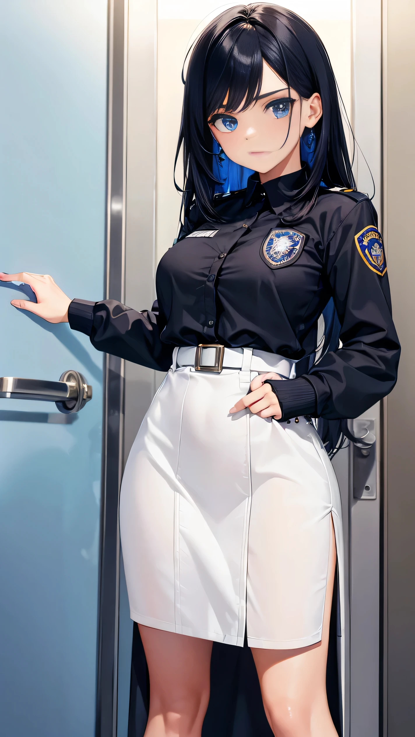 1 mujer, pelo negro, pupilas azules, cara delicada, lindo, pendientes de amor, Vestido blanco, standing at the door of the police station, playful, Ultra High Definition, obra maestra, mejor calidad, Super detail, preciso