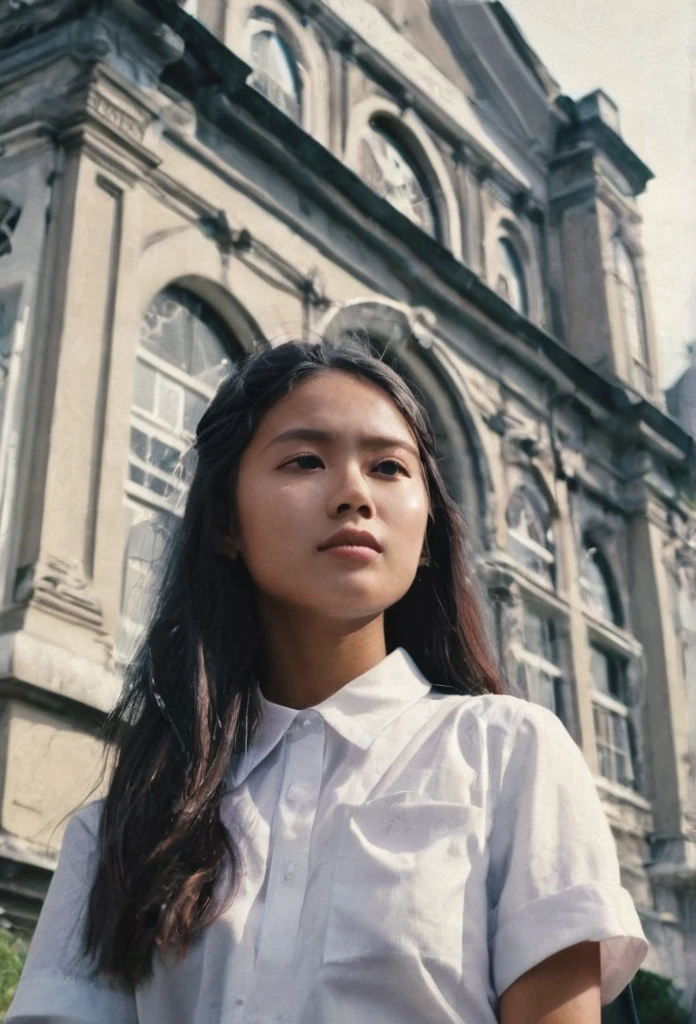 1970s era, 1970s hairstyles and fashion style, shot on 35mm film, An extreme low angle captivating photograph taken from the ground level below of a 16 year old Indonesian high school girl, with perfect face and perfect body, posing outdoor with the background of a vintage intricately detailed Dutch colonial building. She is silhouetted against a radiant, open sky. With her long, tied-back hair flowing gracefully, she dons a humble uniform, white short sleeves shirt with brown patch on her left pocket grey pleated skirt and black belt, and a black school bag, she gazes intently at the camera, exuding an enigmatic aura. The striking, high-contrast lighting enhances the atmosphere, making this scene truly unforgettable. She is looking directly unto the camera with lost look and a slight smile, with cinematic lighting, professional high definition photography style ,fotorrealista