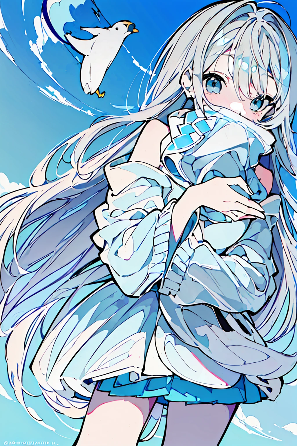 masterpiece,Highest quality,Super detailed, (((Pastel sky blue and white mullet)))) , ((((A woman covering her mouth with both hands))), upright, From the waist up, Cute and adorable high school student, hoodie,Off the shoulder:1.2, Mostima, Arknights, smile, Penguin Logistics, Light art, Soft Art, A fleeting and fantastical feeling