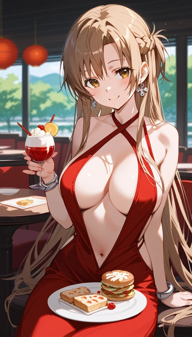 score_9,score_8_up,score_7_up,18 year old,1girl,asuna \(sao-alo\), sword art online,yuuki asuna,solo, brown eyes, brown hair, long hair, bangs, braid,sitting, holding cup,seductive-smile,blush,large breasts,brown hair,parted hair,long hair,red dress,halter dress,plunging neckline,center opening,cleavage,navel,earrings,bracelet,restaurant,