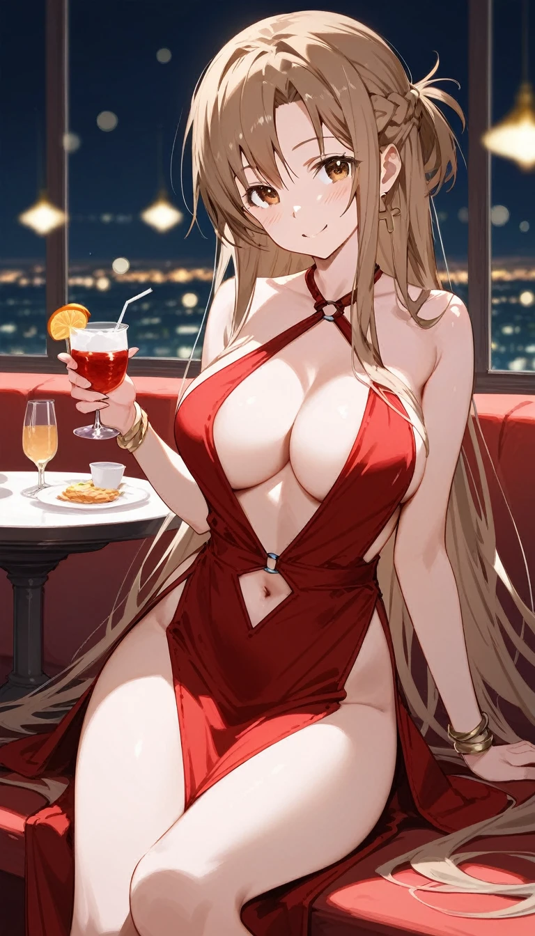 score_9,score_8_up,score_7_up,18 year old,1girl,asuna \(sao-alo\), sword art online,yuuki asuna,solo, brown eyes, brown hair, long hair, bangs, braid,sitting, holding cup,seductive-smile,blush,large breasts,brown hair,parted hair,long hair,red dress,halter dress,plunging neckline,center opening,cleavage,navel,earrings,bracelet,restaurant,