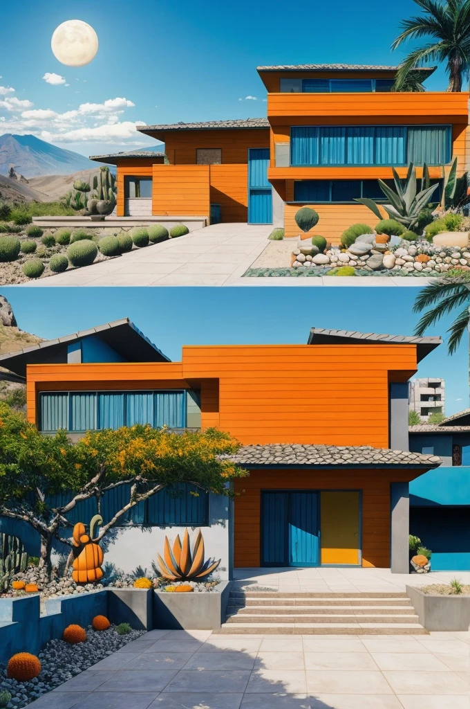 An illustration in collage style, with giant boulders, brutalist building sections, terraces, stairs, cacti, agave, concrete texture, multiple geometric shapes, hatch and cross hatching, planet saturn, volcano, moon, Luis Barragán's architectural style build, milky way galaxy, violet, one motorcycle, An illustration in collage style, with giant boulders, brutalist building sections, stairs, cacti, agave, concrete texture, multiple geometric shapes, hatch and cross hatching, planet saturn, volcano, moon, Luis Barragán's architectural style build, reflective pool, terraces. An elegant and modern build, in top of big boulders, with terraces, materials concrete, wood, steel and crystal, various gardens with tropical vegetation, cacti and rocks, stairs, a pool. In middle of sea, a big wave near, sunset, mountains and a volcano in the horizont, cute islands around, illustration format, cute color palette, detailed, masterpiece, award-winning work, clouds, Illustration, a garden with abundant cacti, ((various organic sculptures)), ((big rocks)), (((multiple sections))), collage style, detailed, (((color palette (olive green), (Mustard orange), cool grey, ((blue)), black and white))), (((a lot Luis barragán's architecture style builds))) big clouds, volcano in horizon, stairs, in the desert. ((masterpiece, best quality)),illustration,ultra detailed 8k, ((Ori Toor visual style)),soviet, megabuildings, megastructures, buildings, organic steel sculpture
