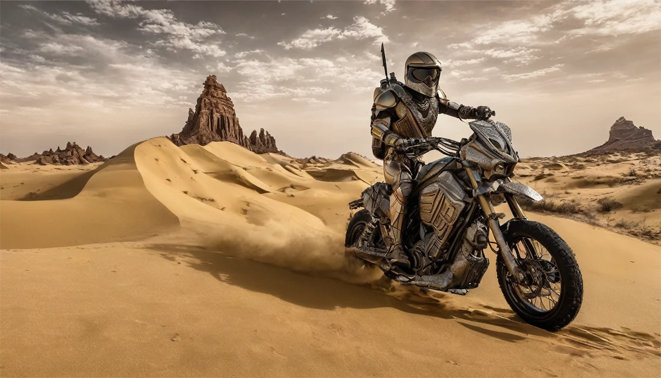 Show a vast desert with imposing and unique rock formations in the background.
- Include a central figure of a warrior, wearing metallic armor, a helmet, and holding a long spear.
- The warrior should be riding a futuristic hover bike, kicking up sand as it moves quickly through the scene.
- Add details like a small green creature, similar to a baby alien, sitting in a pouch on the side of the bike.
- Keep the sky partly cloudy with scattered clouds, creating a dramatic light and shadow effect over the landscape.
- Include a large, worn piece of metal partially buried in the sand, resembling wreckage from an old spaceship.
- Capture the sense of movement and speed with dust and sand being kicked up by the bike.
- The color palette should include warm, earthy tones, with highlights of desert gold and the metallic sheen of the armor and bike.
- Maintain a balanced composition, with the central figure and bike prominently featured, while also showing the vastness of the desert in the background.
- Use a realistic and detailed style, with meticulous attention to the textures of the metallic armor, desert sand, and rock formations.
- The image resolution should be high, ensuring clarity and precision in the details