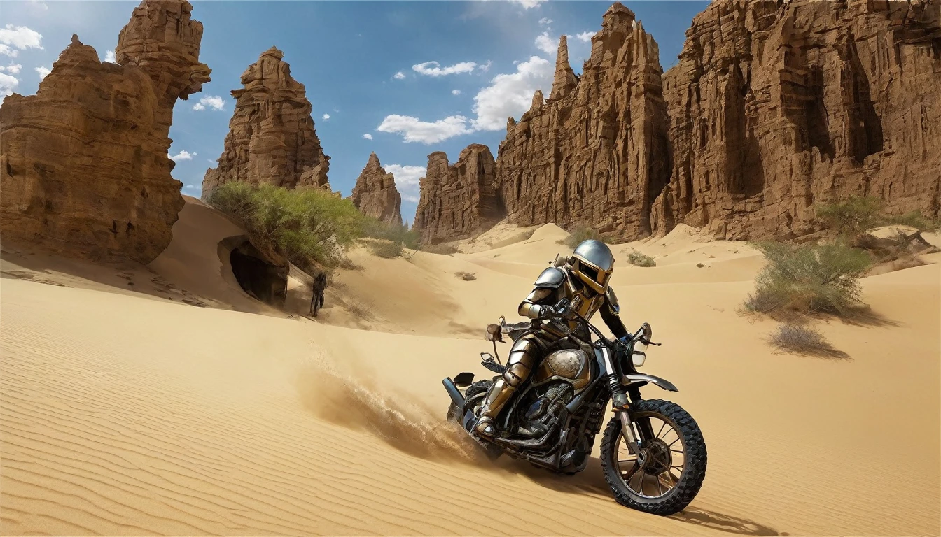 Show a vast desert with imposing and unique rock formations in the background.
- Include a central figure of a warrior, wearing metallic armor, a helmet, and holding a long spear.
- The warrior should be riding a futuristic hover bike, kicking up sand as it moves quickly through the scene.
- Add details like a small green creature, similar to a  alien, sitting in a pouch on the side of the bike.
- Keep the sky partly cloudy with scattered clouds, creating a dramatic light and shadow effect over the landscape.
- Include a large, worn piece of metal partially buried in the sand, resembling wreckage from an old spaceship.
- Capture the sense of movement and speed with dust and sand being kicked up by the bike.
- The color palette should include warm, earthy tones, with highlights of desert gold and the metallic sheen of the armor and bike.
- Maintain a balanced composition, with the central figure and bike prominently featured, while also showing the vastness of the desert in the background.
- Use a realistic and detailed style, with meticulous attention to the textures of the metallic armor, desert sand, and rock formations.
- The image resolution should be high, ensuring clarity and precision in the details