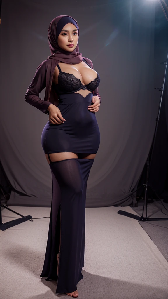 Beautifulmalay woman in hijab wearing muslim tight gamis ((closed gamis)) seducing pose, professional photography, studio background, professional lighting ((medium breast)) (( rounded ass)) ((stocking)) ((curve)) ((lingerie))