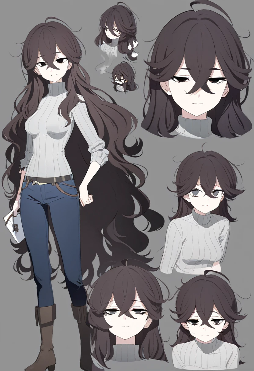 One Woman,Downer,older sister,Concept Art,Dark brown hair,Straight hair with slight inward curls,Staring eyes,Eye Ridge,black eye,Crossed bangs,whole body,smile,Slightly larger breasts,Gray background,Bangs that reach down to the eyes,Messy hair,Tight dark jeans,Gray turtleneck sweater,Multiple views of the same character,Character Design,Dark circles under the eyes,Bad look,Listless,Sloppy,Silver Jewelry,Cafe staff,Holding a cigarette,whole bodyCharacter Design,Detailed hands,Height: 170cm,boots,fleshy,