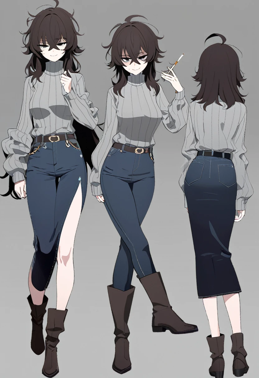 One Woman,Downer,older sister,Concept Art,Dark brown hair,Straight hair with slight inward curls,Staring eyes,Eye Ridge,black eye,Crossed bangs,whole body,smile,Slightly larger breasts,Gray background,Bangs that reach down to the eyes,Messy hair,Tight dark jeans,Gray turtleneck sweater,Multiple views of the same character,Character Design,Dark circles under the eyes,Bad look,Listless,Sloppy,Silver Jewelry,Cafe staff,Holding a cigarette,whole bodyCharacter Design,Detailed hands,Height: 170cm,boots,fleshy,