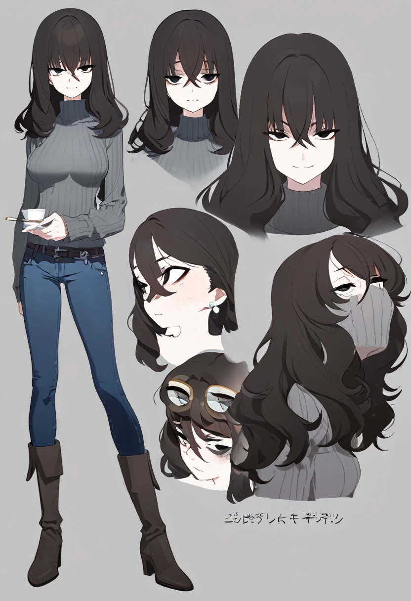 One Woman,Downer,older sister,Concept Art,Dark brown hair,Straight hair with slight inward curls,Staring eyes,Eye Ridge,black eye,Crossed bangs,whole body,smile,Slightly larger breasts,Gray background,Bangs that reach down to the eyes,Messy hair,Tight dark jeans,Gray turtleneck sweater,Multiple views of the same character,Character Design,Dark circles under the eyes,Bad look,Listless,Sloppy,Silver Jewelry,Cafe staff,Holding a cigarette,whole bodyCharacter Design,Detailed hands,Height: 170cm,boots,fleshy,