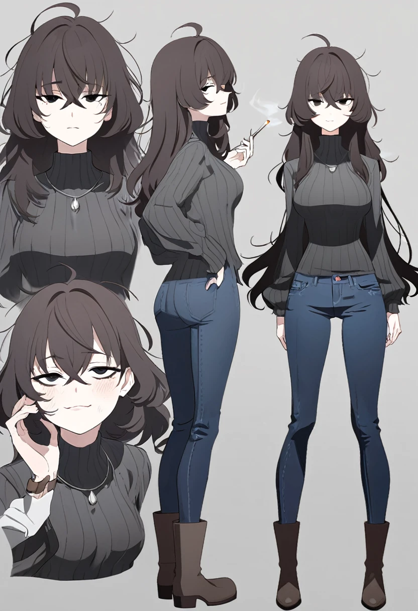 One Woman,Downer,older sister,Concept Art,Dark brown hair,Straight hair with slight inward curls,Staring eyes,Eye Ridge,black eye,Crossed bangs,whole body,smile,Slightly larger breasts,Gray background,Bangs that reach down to the eyes,Messy hair,Tight dark jeans,Gray turtleneck sweater,Multiple views of the same character,Character Design,Dark circles under the eyes,Bad look,Listless,Sloppy,Silver Jewelry,Cafe staff,Holding a cigarette,whole bodyCharacter Design,Detailed hands,Height: 170cm,boots,fleshy,