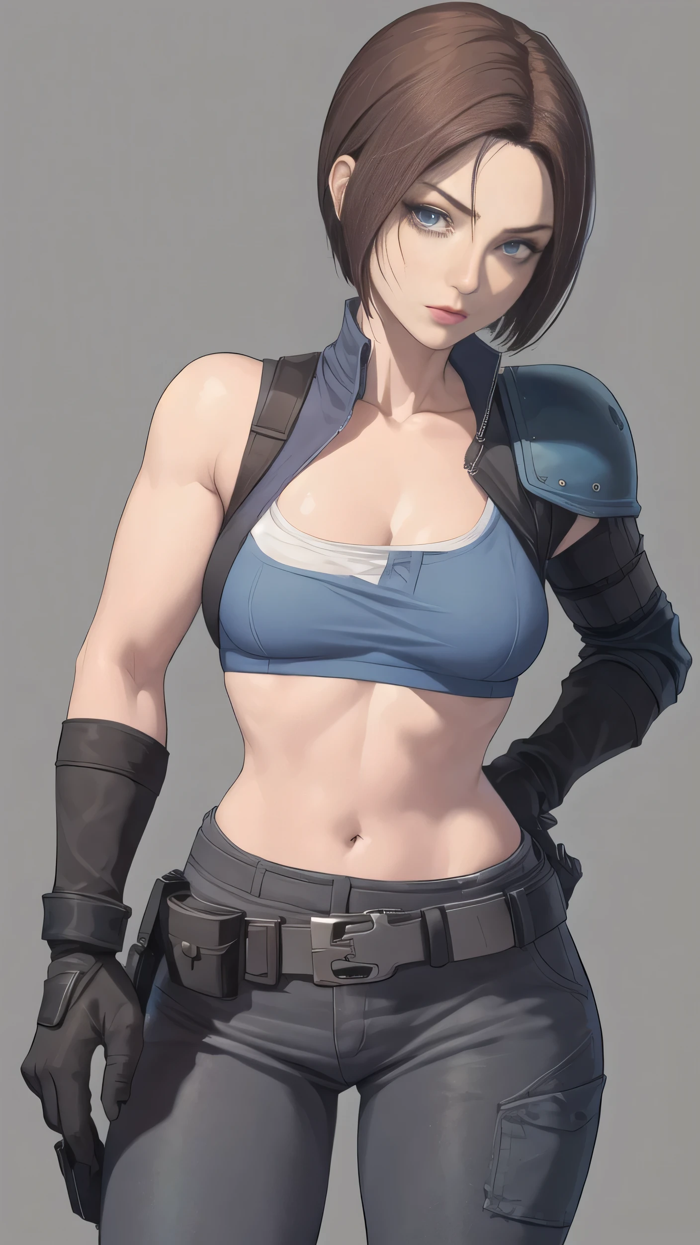 (Obra de arte, Mejor calidad:1.2), jill valentine, 1 chica, pose lateral, ella tiene su cuerpo de lado, de lado para o espectador, fingerless guantes, guantes, ojos azules, pelo corto, by the chestnut, Solo, funda, piernas abiertas, senos, pantalones, regata, belt, large senos, black guantes, mirando hacia el lado, shoulder funda, coderas, thigh funda, parted Labios, Labios, blue regata, camisa azul, contrastado, borroso, vaqueros, clavicle, REDESIGN, sin mangas, Jill Valentim,