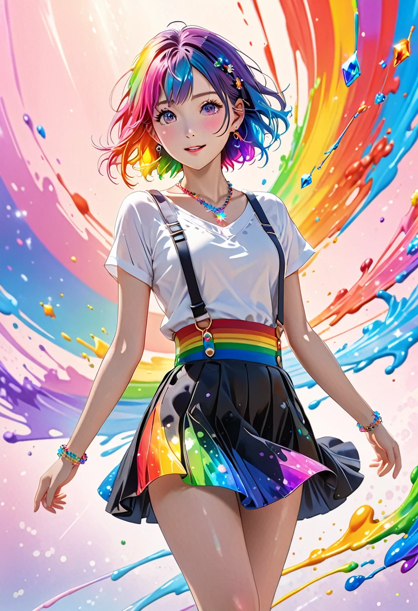 anime, 1 girl, japanese, full body picture, standing, posing for a picture, sexy pose, naughty, masterpiece,High resolution,8K,Art,digit,Three-dimensional,Realism,Kyoto Animation Style,your name movie style, ((Paint splashes,splash of color, Ink splash)),looking into camera,Soft Light,Glowing skin,(1 female: 1.3),(alone: 1.4),(((colorful hair))),((Colorful suspender skirt)),(Rainbow crystal hair clip),(Rainbow crystal small necklace),(Rainbow crystal small earrings),(Rainbow crystal bracelet),(Rainbow crystal ring),Long eyelashes,Slender legs,Short Bob,Close-up of upper body,Close-up,close view,colorful background,(Eyes as deep as the starry sky),(Shut up),(blush),(shy),(lovely and delicate)