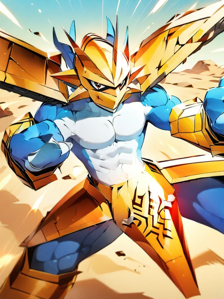 solo,angry Magnamon,tall, blue and white skin,(battle damaged:1.5),(topless Magnamon:2),(armor fragments:1.5),(shirtless:1.5), fighting_stance, in desert ,full_shot
