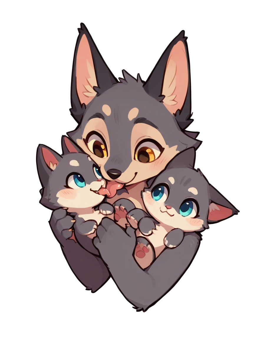 The Q version of the cute furry cat licking a furry wolf, romantic, cute, love, white background