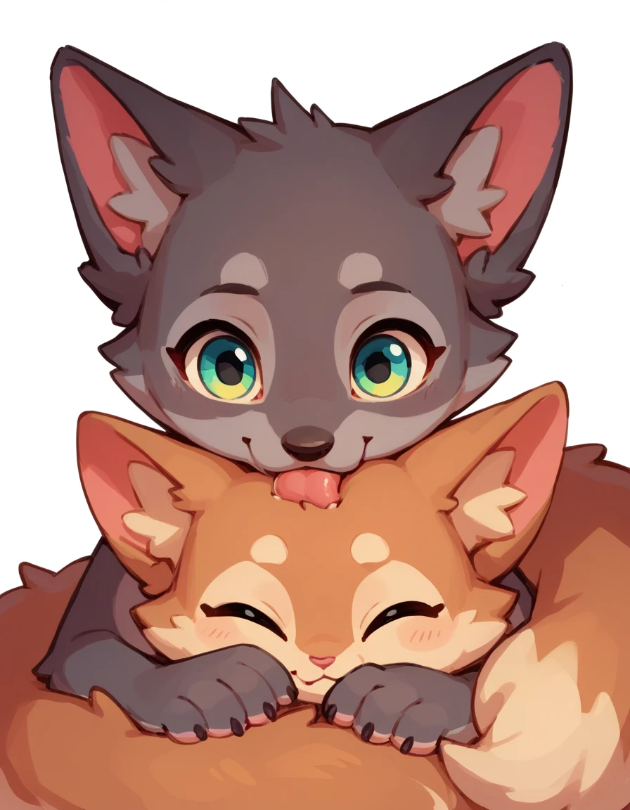 The Q version of the cute furry cat licking a furry wolf, romantic, cute, love, white background