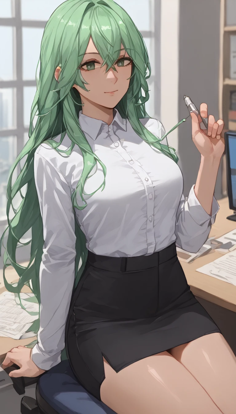 score_9, score_8_up, score_7_up, score_6_up, source_anime,masterpiece, best quality, 8k, 8k UHD, ultra-high resolution, ultra-high definition, highres, shading, good_hands, altrhea, green hair, white shirt, black pencil skirt, shiny skin, pantyhose, office lady, office, solo, 1girl, sitting, looking at viewer, light smile, (tareme), office chair,