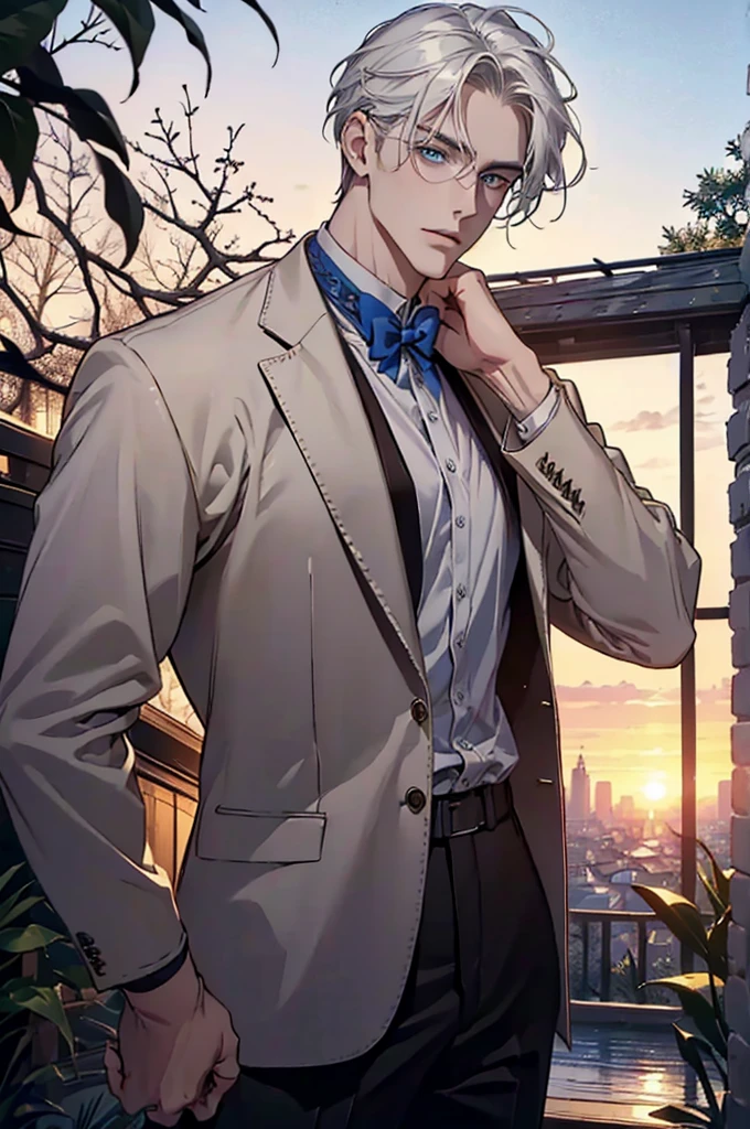 ((masterpiece:1.2, Best quality)), 4k, adult, European face, 1 person, male, mature, masculine, Beautiful, very tall, Muscles, broad shoulders, dark casual wear, White skin, medium white hair, Blue eyes, portrait, sunset, old house with apple trees. 
