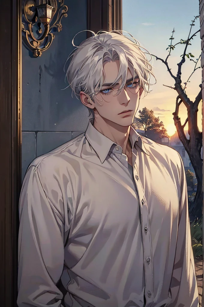 ((masterpiece:1.2, Best quality)), 4k, adult, European face, 1 person, male, mature, masculine, Beautiful, very tall, Muscles, broad shoulders, dark casual wear, White skin, medium white hair, Blue eyes, portrait, sunset, old house with apple trees. 
