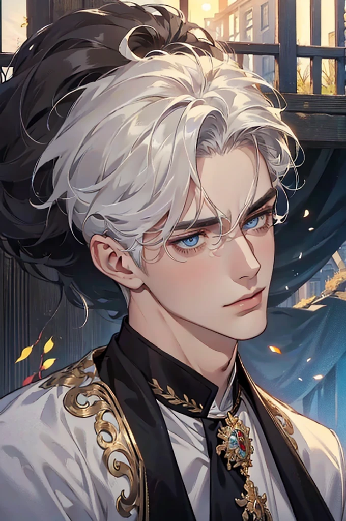 ((masterpiece:1.2, Best quality)), 4k, adult, European face, 1 person, male, mature, masculine, Beautiful, very tall, Muscles, broad shoulders, dark casual wear, White skin, medium white hair, Blue eyes, portrait, sunset, old house with apple trees. 
