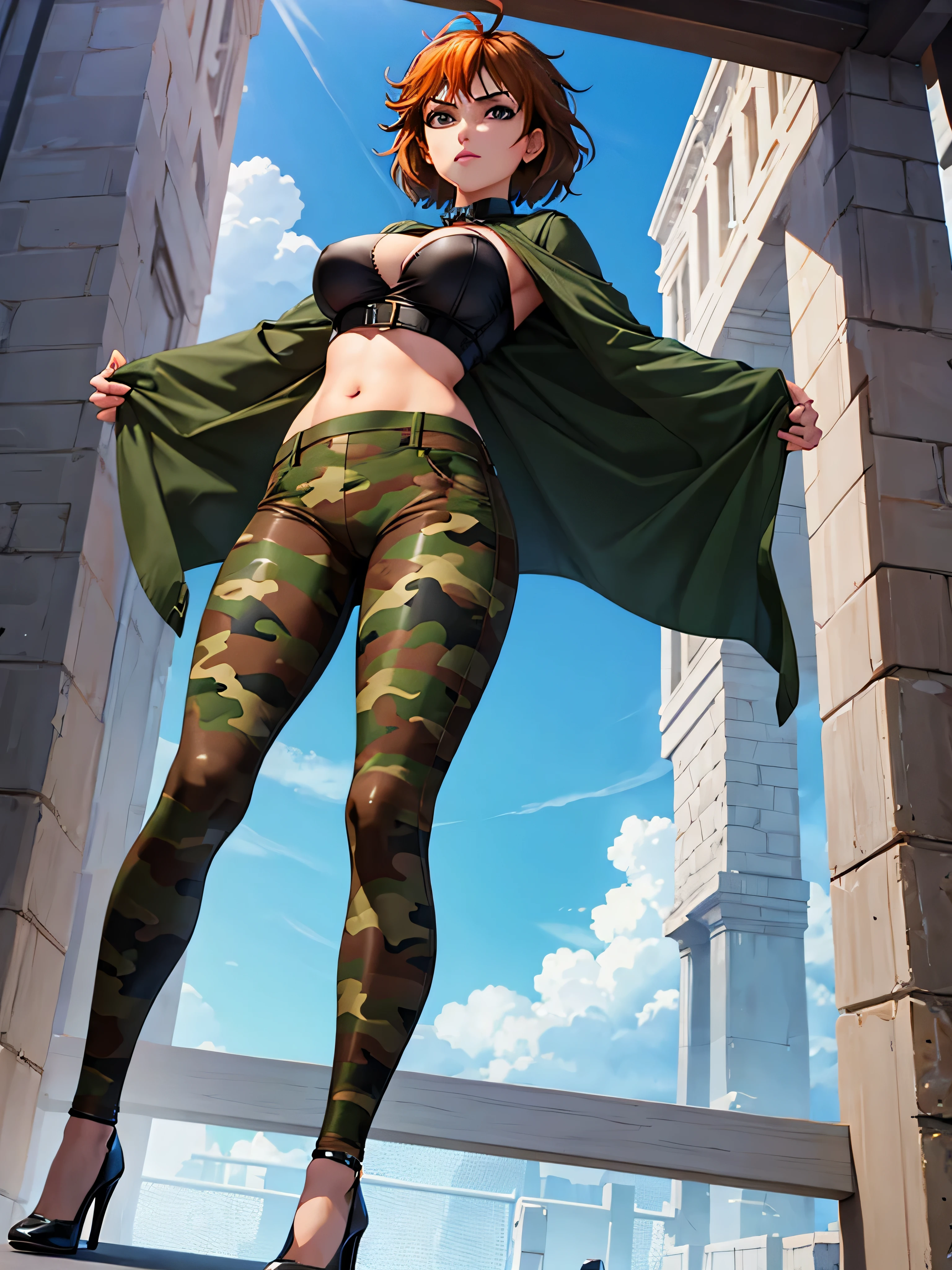 merula, full body, thighs, high heels, solo girl, medium tits, camouflage pants, top, belly