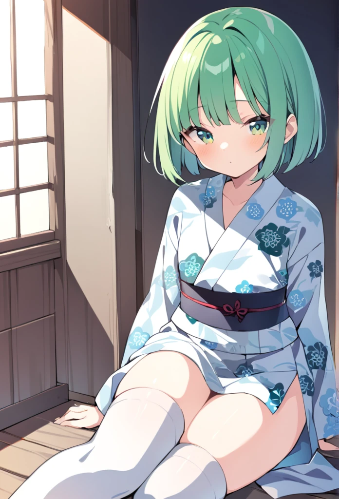 1 girl, cute, young, green hair, bob haircut, green eyes, yukata maid, thigh high,  {{{{{{{{excessive cum}}}}}}}}, cum on face,