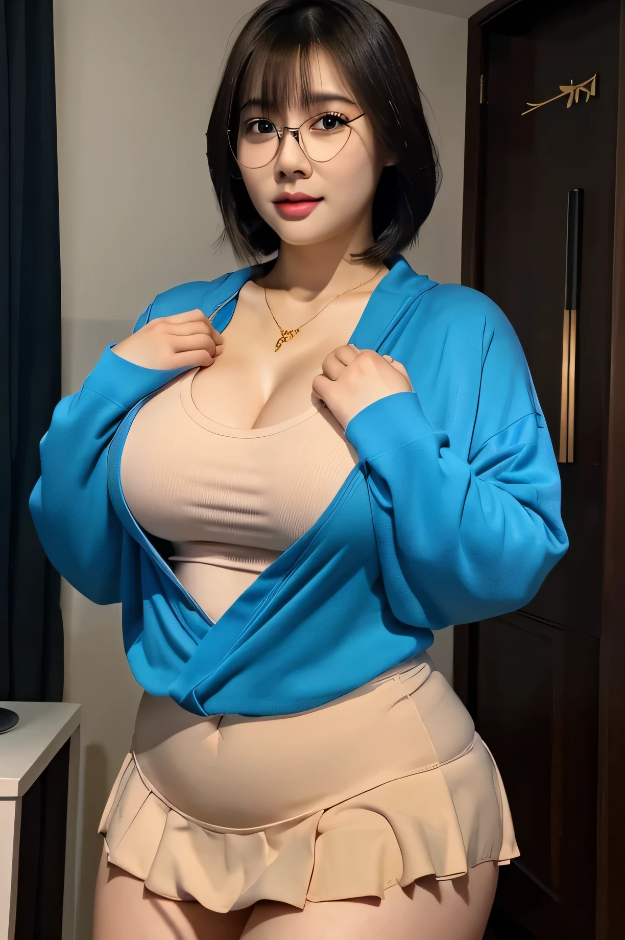 ((best quality)), ((masterpiece)), (detailed), perfect face, 1girl, thick body, japanese-Indonesian goddess ,high resolution , high quality , slightly fat round belly, thick thighs, polite t-shirt covered her belly , wearing a thight skirt , wearing nike sneakers , in the dark room, standing pose,  thick massive arm, thick thighs , wavy blue medium short hair Color, wearing many gold bracelet , wearing huge diamond necklace , full body view, red robe, glasses , thick neck,  Cold blue hue, high dehaze, korean Goddess , thick cheeks , big breast 