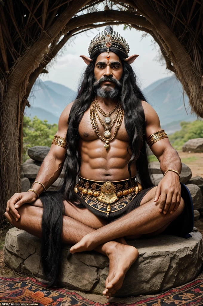 A representation of mythical figure known as dashrath from Hindu mythology portray this figure in traditional attire with black long hair including a crown and portray a mythical figure ram as sitting with him wearing a traditional attire posing in a serene natural environment in a cartoon character