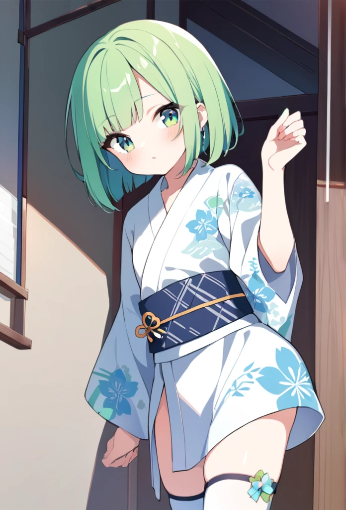 masterpiece, best quality, highres, 1girl, short green pastel hair, kimono, looking at viewer, long scarf, japanese clothes, 300daysb4hny