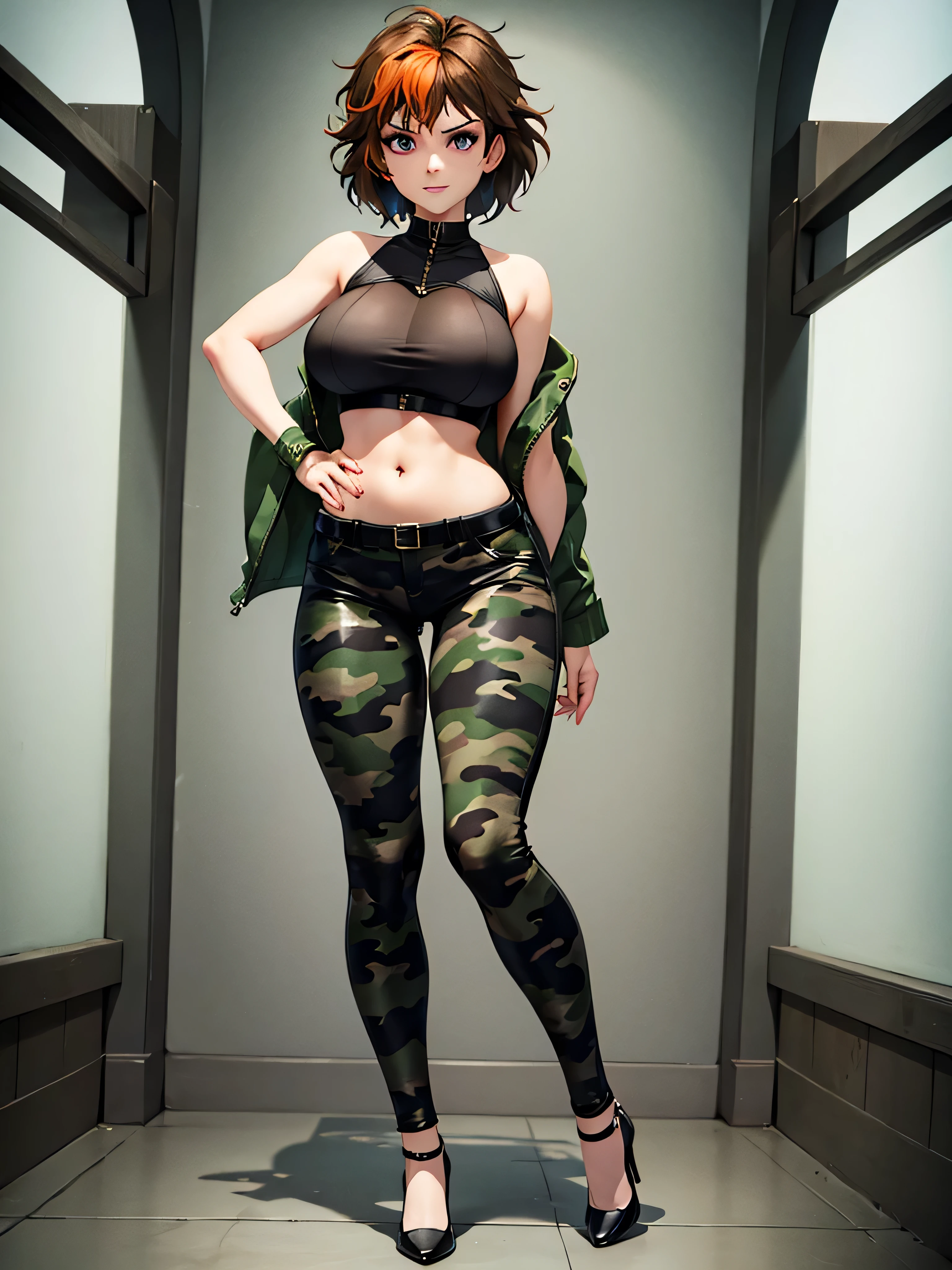 merula, full body, thighs, high heels, solo girl, medium tits, camouflage pants, top, belly