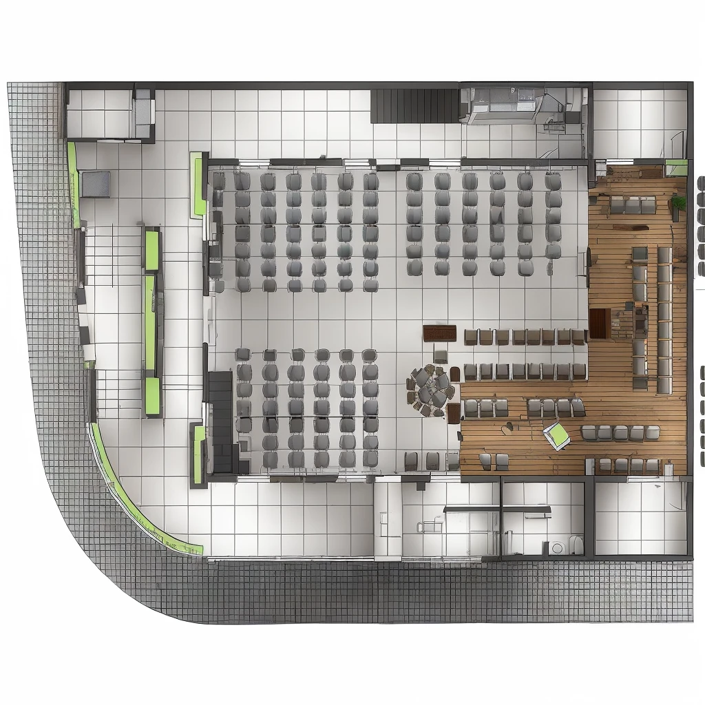 a diagram of a restaurant with bar and seating areas, Vista da planta baixa, 2d aerial view, upper ground floor, vista do topo, 2d axonometric aerial view, digital rendering, petspective room Disposition, Disposition, isometric view, Disposition design, view at ground level, Vista completa, desenho de plano, view at ground level, ground level view