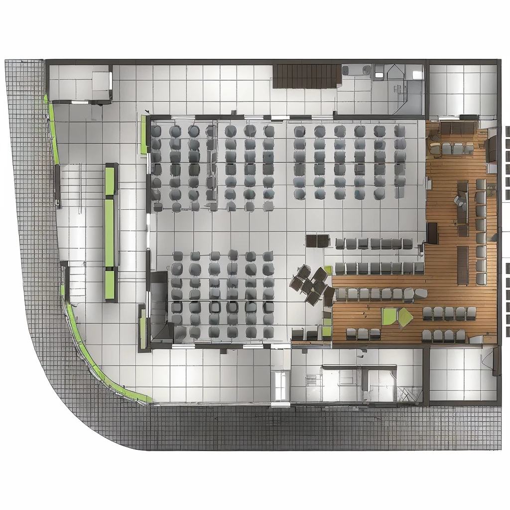 a diagram of a restaurant with bar and seating areas, Vista da planta baixa, 2d aerial view, upper ground floor, vista do topo, 2d axonometric aerial view, digital rendering, petspective room Disposition, Disposition, isometric view, Disposition design, view at ground level, Vista completa, desenho de plano, view at ground level, ground level view