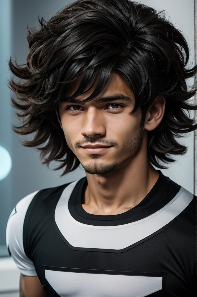 captura de pantalla boku no hero Academia, hombre, 16 years, cuerpo definido, cabello largo hasta los hombros, ?????, con flequillo, corte wolf-cut, color ????? oscuro, ojos finos, color marron oscuro, piel blanca, quemadura cerca de la boca, en la mejilla, colmillos notorios cuando sonrie, adolescente, sonriendo, mostrando los dientes, pose despreocupada, mirando para abajo, estilo de foto posicion de camara contra picado, fondo ?????, uniforme de la UA