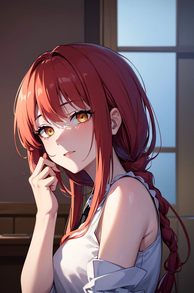 masterpiece, best quality, crossed fingers, (extremely detailed CG unity 8k wallpaper, masterpiece, best quality, ultra-detailed, best shadow), (detailed background), (beautiful detailed face, beautiful detailed eyes), High contrast,1girl, close up of a woman, anime girl with red hair and a white shirt and tie, pixiv, female anime character, detailed portrait of anime girl, anime character, realistic anime artstyle, anime girl portrait, crossed fingers, upper body