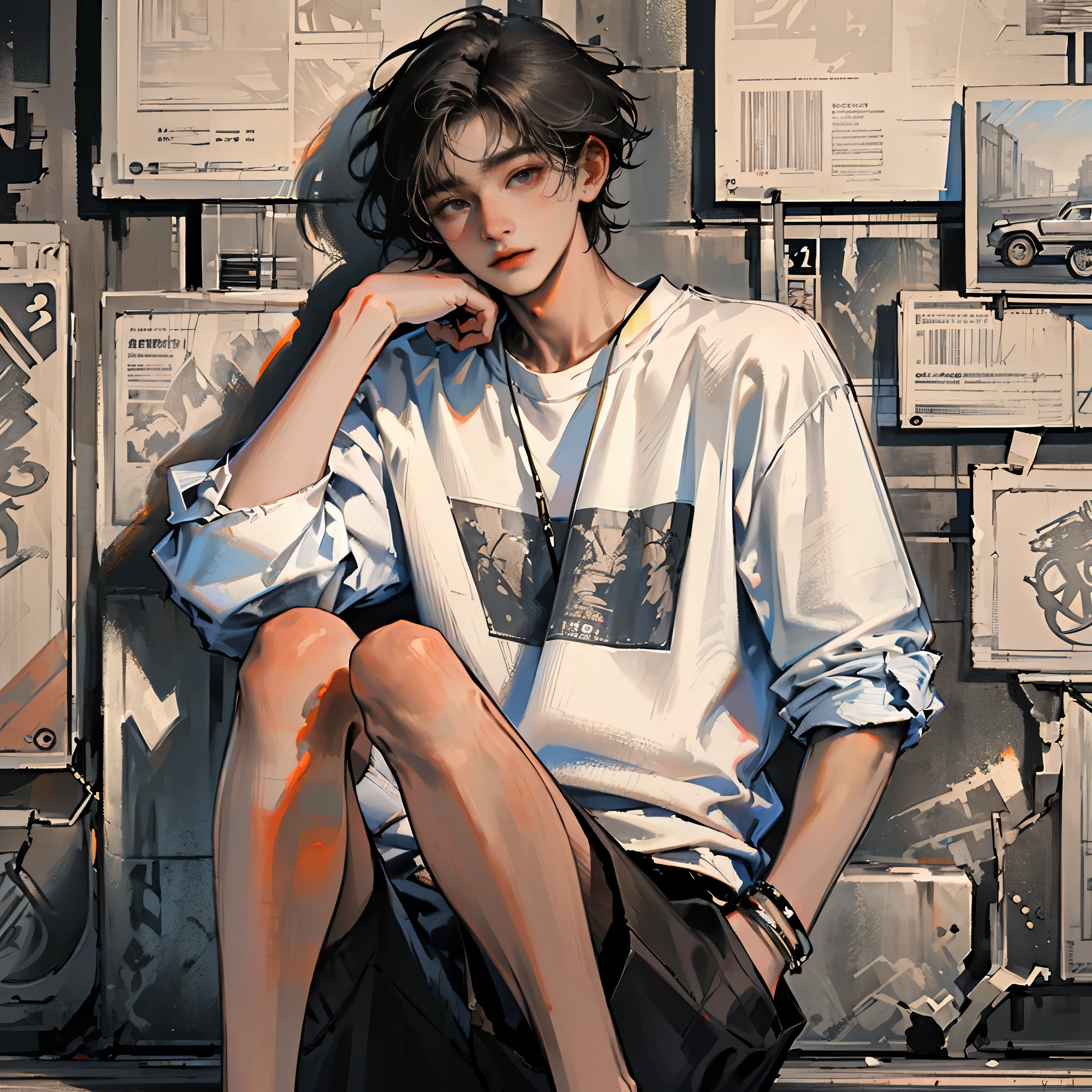 Ultra-realistic CG ,((premium、8k、32K、masterpiece)), (Ultra-thin illustration)、(Ultra-high resolution), Troubled face、(((One 21-year-old man:1.5))), (( Short Hair Bob )), Casual clothing、Torn T-shirt, (((Image from the knees up))), Short white blonde hair, Complex streetscape background、